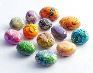 Group of vibrantly colored, artistic, egg-shaped objects on white