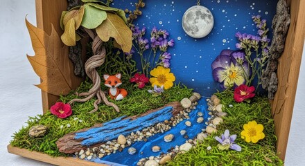 Fototapeta premium Enchanted Forest Scene with Moon, River, and Adorable Fox Figurine