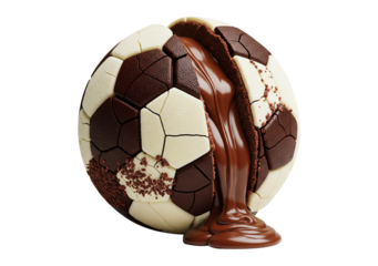 Molten Chocolate Soccer Ball Dessert with Oozing Dark Ganache on Transparent (PNG) Background