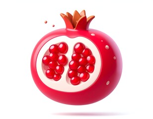 A brightly colored, cartoon-style pomegranate, sliced open showing red seeds