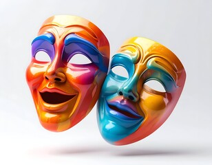 Vivid colorful comedy and tragedy masks, studio shot on white background
