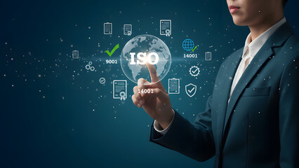 Businessman interacting with ISO certification icons on a digital interface