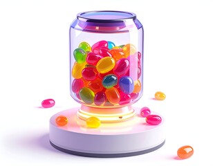 Colorful candy jelly beans in a glass jar, illuminated on a pedestal