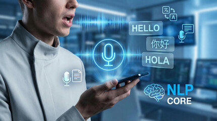 Person utilizing natural language processing AI interface for real-time voice translation