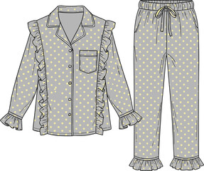 Technical fashion flat sketch of women ruffled polka dot pajama set with button down shirt and drawstring pants vector garment illustration, © its