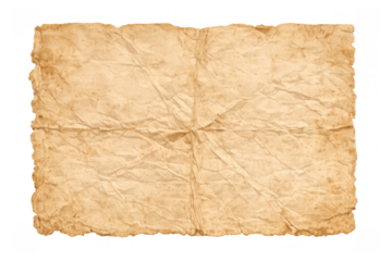 Old crumpled parchment paper texture with distressed antique edges and vintage brown grunge pattern, transparent background