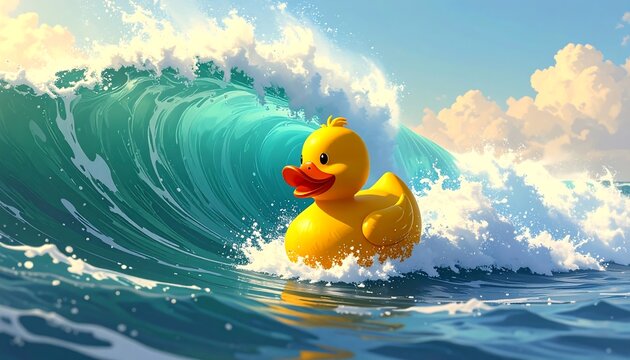 A vibrant illustration features a large rubber duck toy bobbing in the frothy crest of a breaking ocean wave