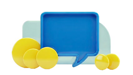 Blue speech bubble and yellow circles on white background