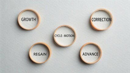 Circular Text Frames Representing Concepts of Growth, Correction, Cycle Motion, Regain, and Advance in Business Strategy