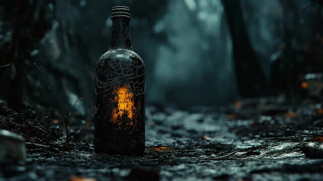 Mysterious Glowing Bottle in a Dark, Eerie Forest Setting.