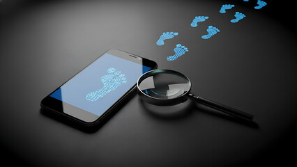Digital Footprint Tracing on Smartphone Screen with Magnifying Glass, Data Privacy Tracking Surveillance Binary Code, Cybersecurity Investigation