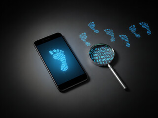 Digital Footprint Tracing on Smartphone Screen with Magnifying Glass, Data Privacy Tracking Surveillance Binary Code, Cybersecurity Investigation