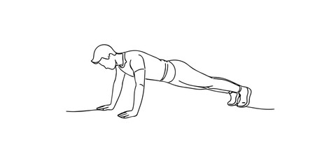 Fototapeta premium Hand drawn continuous line illustration of a man doing push up exercise. Single line artwork created for fitness training, bodyweight exercise, and workout routine concepts.