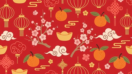Chinese New Year Seamless Pattern with Lanterns, Plum Blossoms, and Oranges