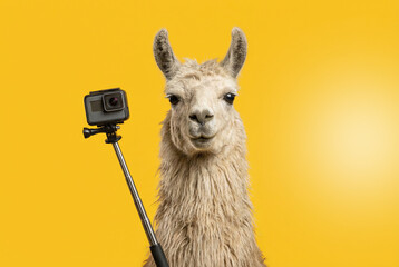 Llama taking a selfie with a action camera on a selfie stick against a yellow background