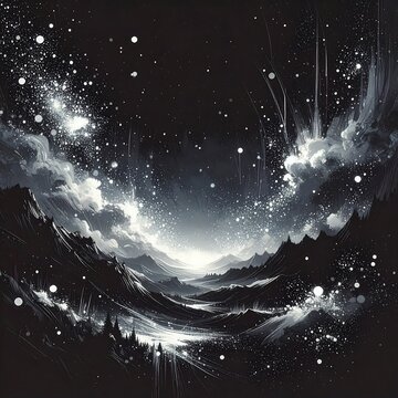 Black and white ethereal scene, skyward swirling clouds meet horizon over a landscape of rolling hills and water