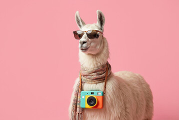 Obraz premium Cool llama wearing sunglasses and scarf with a camera around its neck, posing against a pink background