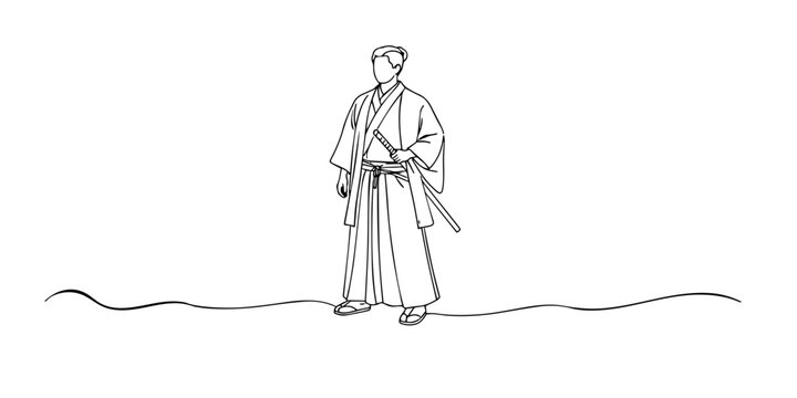 Hand drawn continuous line illustration of a Japanese man wearing a traditional kimono and sword.Single line artwork created for cultural heritage, historical identity, and Japanese tradition concepts