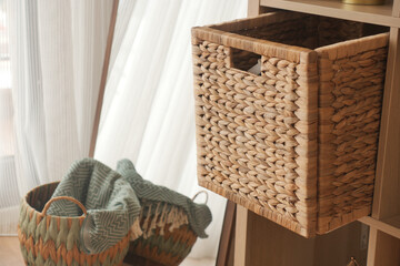 Woven baskets in a bright room with natural light