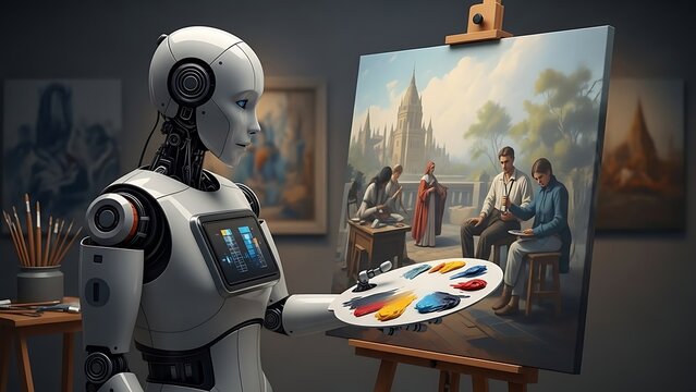Robot artist paints a colorful scene on canvas with a palette in hand