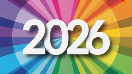 The year 2026 displayed in bold white numbers against a colorful rainbow-colored radial burst background.