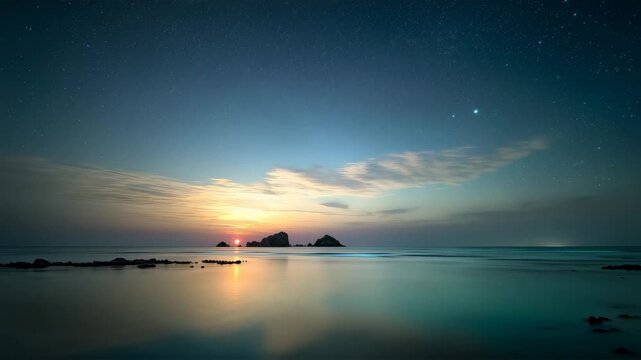 星空と海面が静かに輝く穏やかな夜の海景色