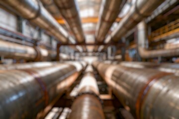 Defocused Background of Industrial Interior with Complex Pipe Systems and Illuminated Walkway in a Manufacturing Facility. Blurred Background Photo.