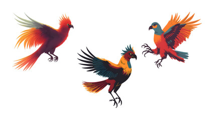 Obraz premium A colorful vector illustration of a red and yellow macaw parrot and a rooster bird isolated on white, featuring exotic tropical feathers and a cartoon style for wildlife design