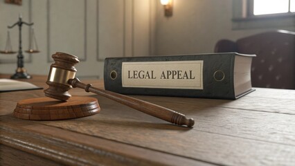 Legal Appeal Case File with Gavel in Courtroom Setting, Seeking Justice and Fairness in Legal Proceedings