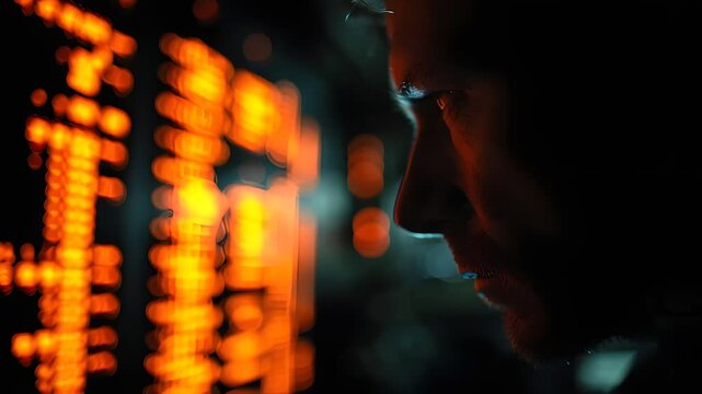 Close-up profile of a person in a dark room with orange glowing screens, conveying a sense of focus and deep web exploration.