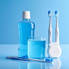 Blue mouthwash, glass of liquid, toothbrushes, and floss, against a blue backdrop