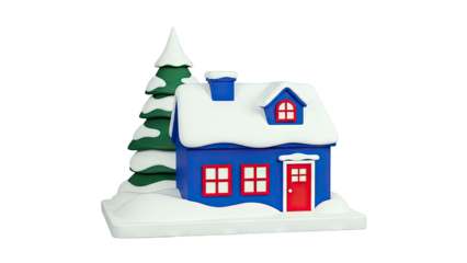 Blue and Red Snowy House with Christmas Tree