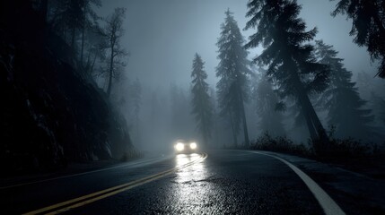 Fototapeta premium Foggy road through forest at night