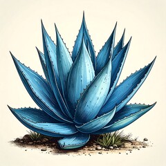 Blue agave plant illustration on light background.  Intricate details and texture enhance this stylized digital art