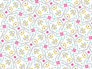 Dynamic multicolored swirl pattern with pink, yellow, and grey elements in a mosaic-style layout