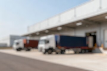 Blurred Background of Trucks in Line at Distribution Center with Loading Docks and Freight Containers on Sunny Day. Blurry Background For Design Projects.
