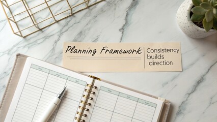 Planning framework with notebook, pen, and potted plant on marble surface for organization and productivity enhancement