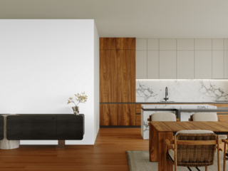 Luxury Kitchen Dining Interior with Isolated Wall Background, Wooden Furniture and Marble Island, Premium PNG Cutout with Realistic Shadows