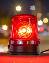 Blurry night shot of a red emergency light with a bright glow and bokeh lights in the background