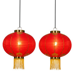 Two traditional red chinese lanterns illuminated for festive celebration isolated on transparent background