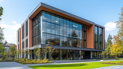 Fototapeta premium Modern building with glass facade and brick accents