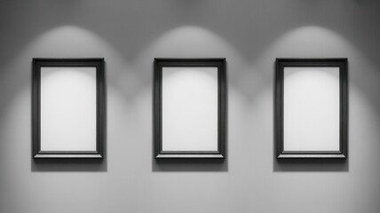 Three empty framed pictures hanging on a wall under spotlights