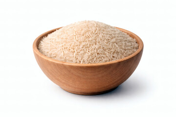 Full wooden bowl of uncooked long grain white rice on white background uncooked rice long grain rice
