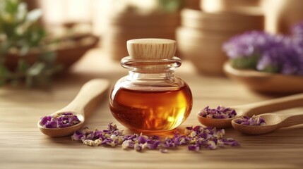 Natural therapeutic oil amidst dried flowers