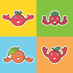 Cheerful Cartoon Fruit Character Sticker Set.eps