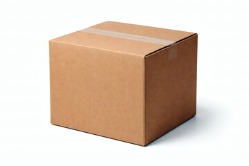 Fototapeta premium Single brown cardboard box with clear tape on white background shipping packaging
