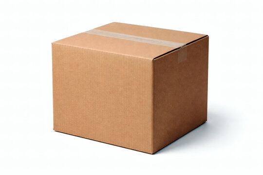 Single brown cardboard box with clear tape on white background shipping packaging