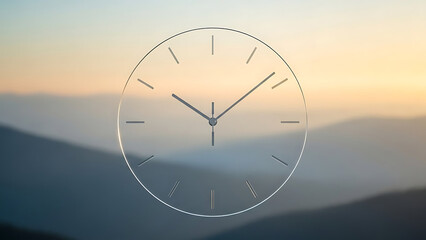 transparent clock face overlaying a serene blurred mountain landscape at sunrise symbolizing time management future planning and fresh starts.