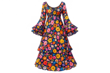 Floral maxi dress featuring vintage 1970s style, bell sleeves, and tiered skirt, celebrating bohemian fashion