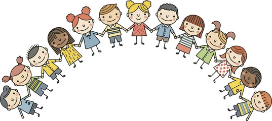 A diverse group of happy children holding hands together in a large arc, symbolizing friendship, unity, and global community.